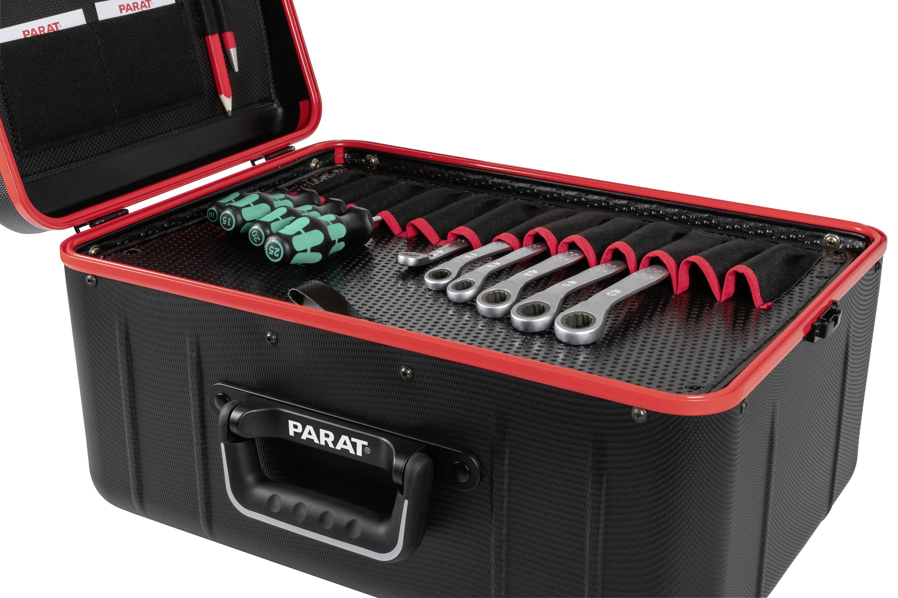 Zestaw narzędzi wykonany z czarnego materiału, z otwartą pokrywą. Wewnątrz śrubokręty i klucze płaskie są starannie ułożone.