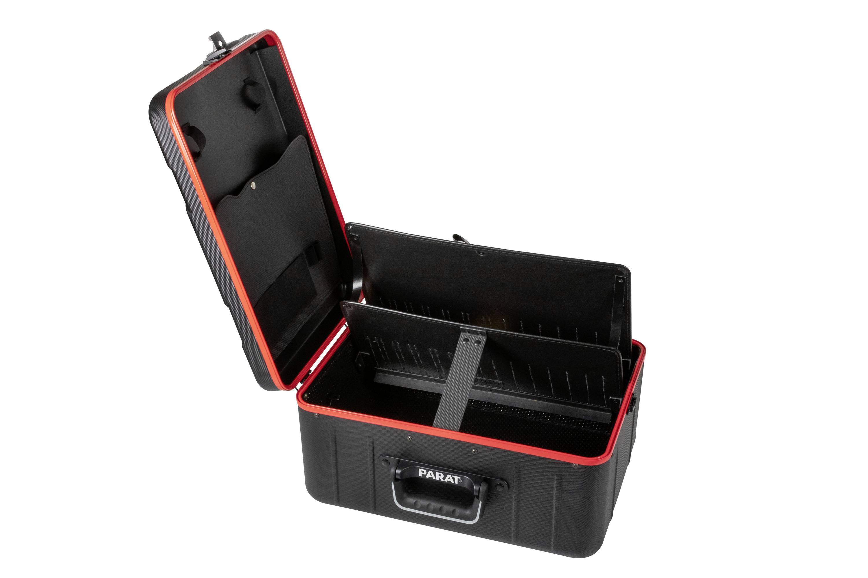 Otwarty czarny kufer na narzędzia z czerwonymi krawędziami. Wewnątrz znajdują się przegródki do organizacji narzędzi.