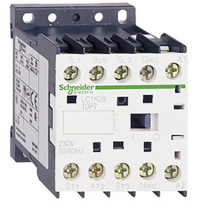 'Stycznik Schneider Electric, model LC1K09. Zawiera złącza do różnych obwodów elektrycznych, napięcie znamionowe 230V, częstotliwość 50/60Hz.'