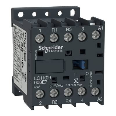 Elektryczny stycznik firmy Schneider Electric, model LC1K09008E7, przystosowany do napięcia 48V, wyposażony w wielokrotne zaciski przyłączeniowe i oznaczenia.