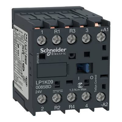 Czarny elektryczny przekaźnik firmy Schneider Electric o numerze modelu LP1K09 0085BD. Napięcie: 24V. Widok z przodu i z boku.