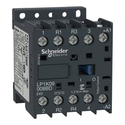 Czarny stycznik wydajnościowy firmy Schneider Electric z oznaczonymi zaciskami przyłączeniowymi od R1 do R4, A1 i A2 oraz oznaczeniem 24V.