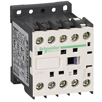 Przekaźnik 'Schneider Electric Schütz' z zaciskami śrubowymi. Przód urządzenia prezentuje oznaczenia i przełączniki z symbolami włączania/wyłączania. Stosowany w obwodach elektrycznych.