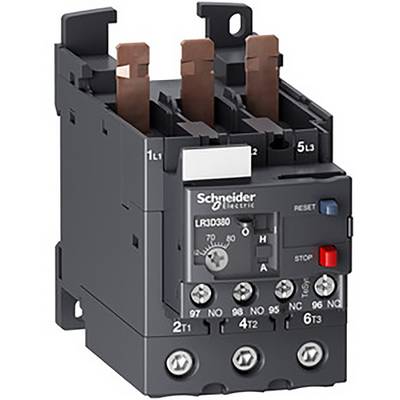 Elektryczne przekaźnik zabezpieczający firmy Schneider Electric, model LR3D380, z brązowymi złączami i przyciskami sterującymi z przodu.