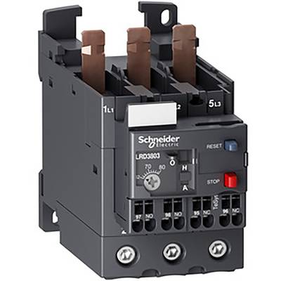 Przekaźnik termiczny przeciążeniowy firmy Schneider Electric, model LRD3303, z przyciskiem resetowania, zaciskami i pokrętłem do ustawianiaograniczenia prądu.