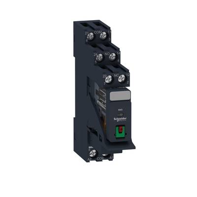 Czarne elektromagnetyczne przekaźnika Schneider Electric z 8 zaciskami. Posiada zielony i czerwony przycisk do sterowania.