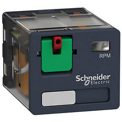 Kwadratowy element elektryczny firmy Schneider Electric z zielonym i czerwonym przyciskiem oraz wskaźnikiem obrotów.