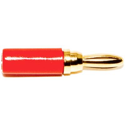 Czerwony i złoty wtyk bananowy, stosowany do połączeń głośnikowych lub audio.