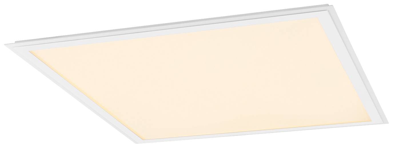 Prostokątna lampa sufitowa LED w białej ramie, emitująca ciepłe światło. Idealna do oświetlenia wnętrz.