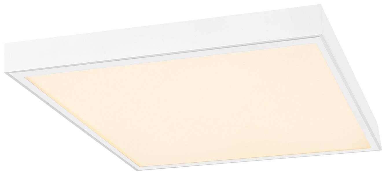 Sufitowa lampa LED o kwadratowym kształcie, białej ramie i ciepłobiałej powierzchni świecącej, idealnie sprawdząca się w nowoczesnych wnętrzach.