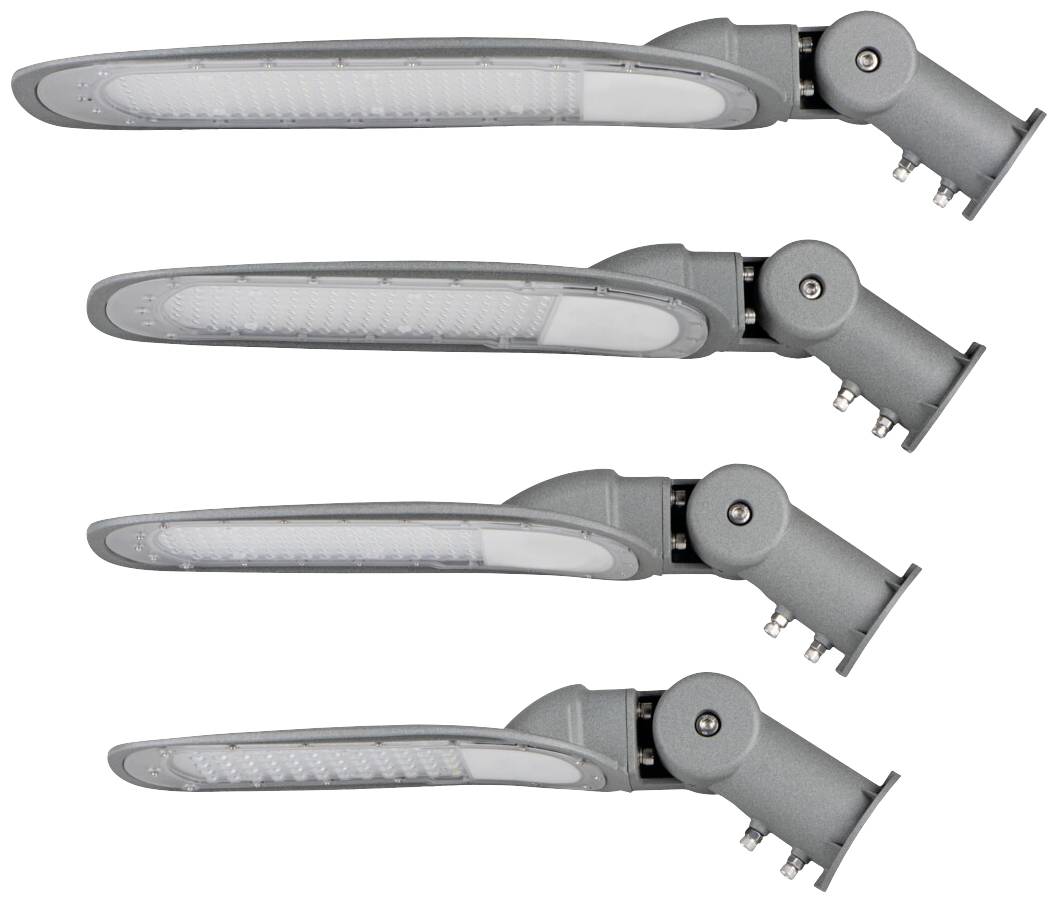 Cztery szare lampy uliczne LED w różnych kątach nachylenia, od poziomych do mocno pochylonych.