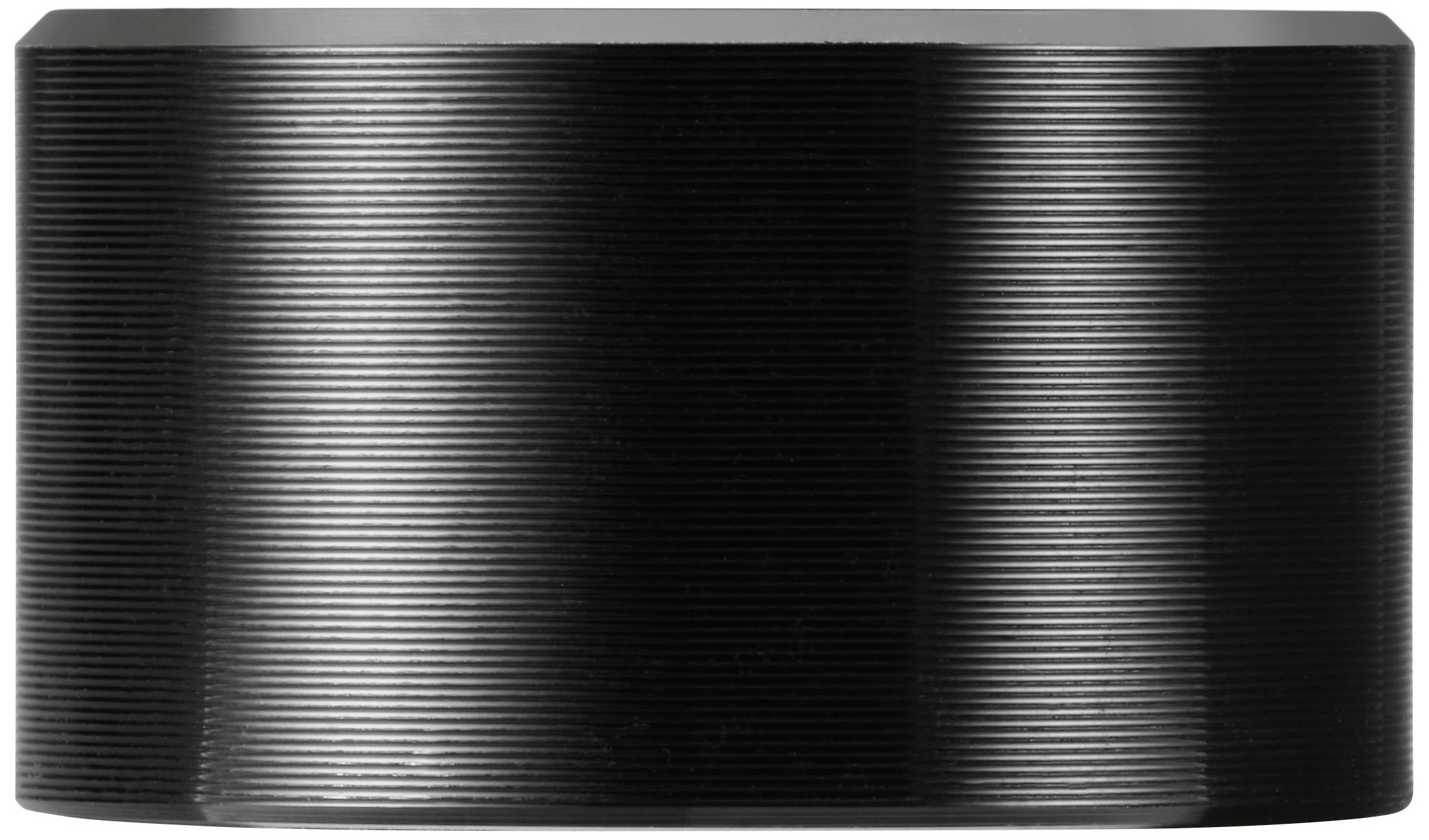 Cylinder o delikatnych poziomych liniach i błyszczącej, metalicznej powierzchni; całościowo jednolity, ciemny design.