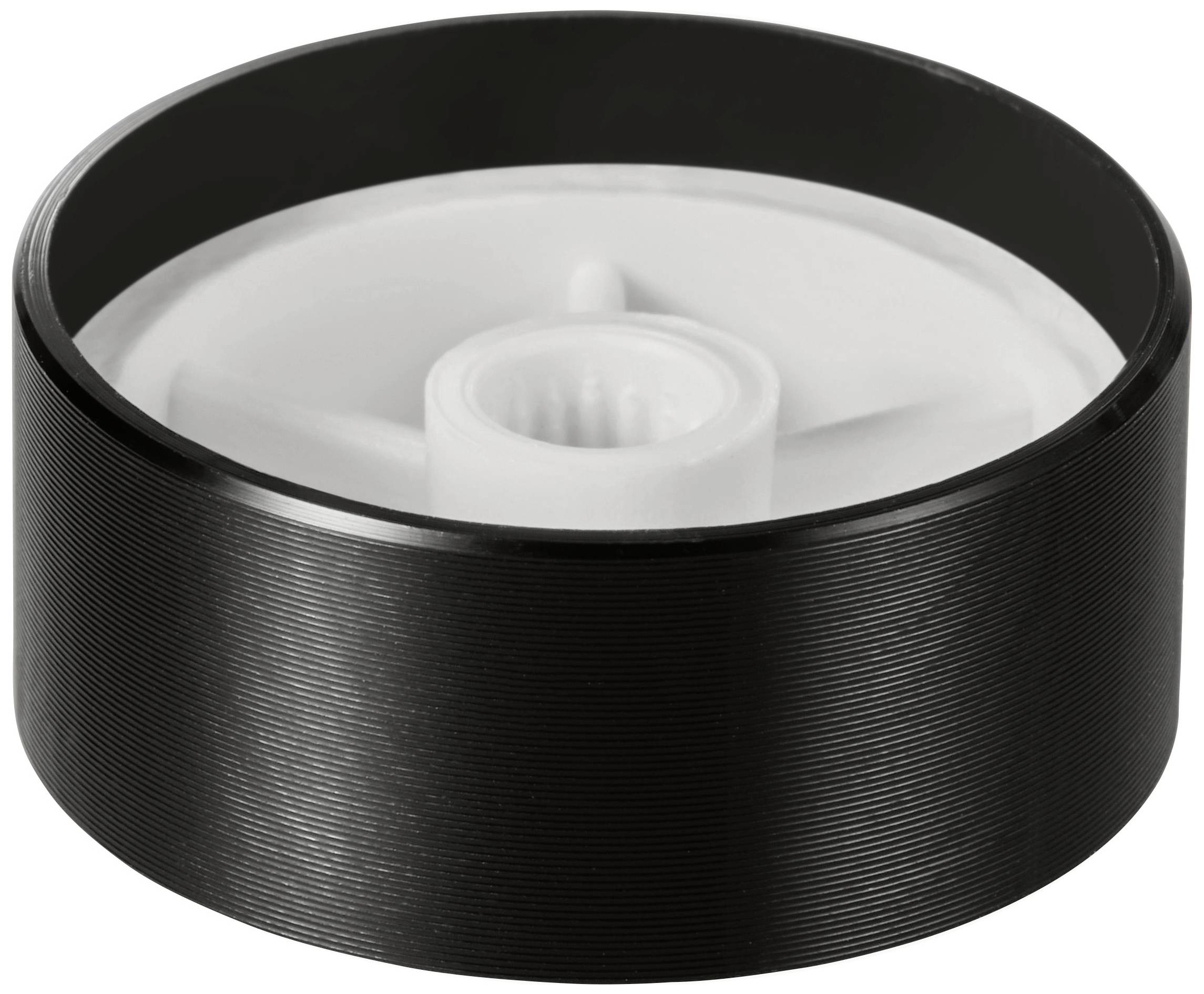 Czarno-biała, cylindryczna pokrywka plastikowa o gładkiej, błyszczącej powierzchni, odpowiednia do zamykania butelek.