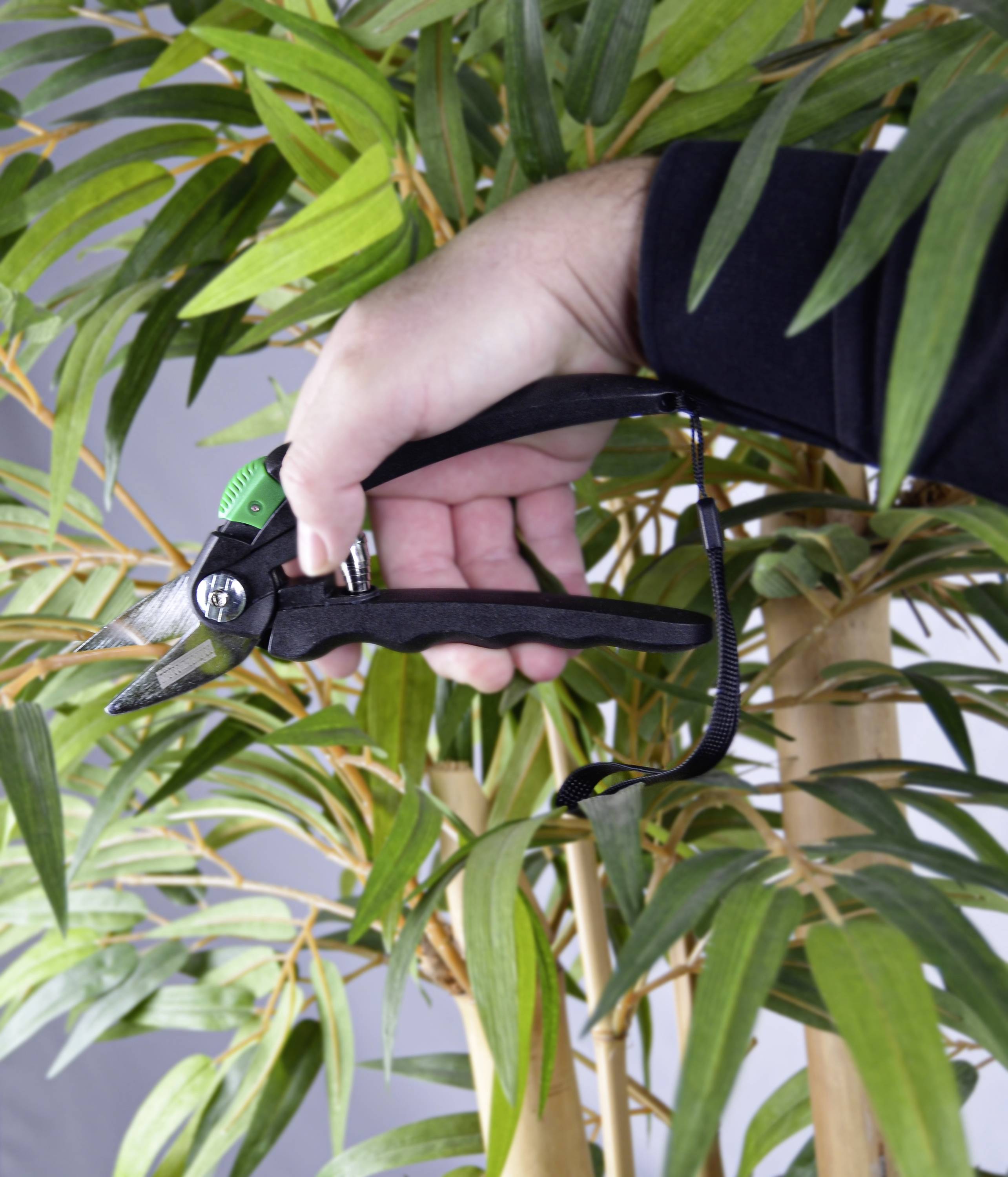 Jedna ręka przycina zieloną gałąź sekatorkiem od drzewka w doniczce. Scena przedstawia prace ogrodnicze.