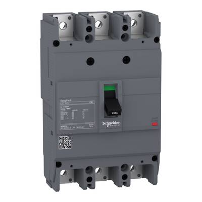 Trójbiegunowy wyłącznik mocy firmy Schneider Electric z przełącznikiem obrotowym na 250 A, przeznaczony do zastosowań komercyjnych.