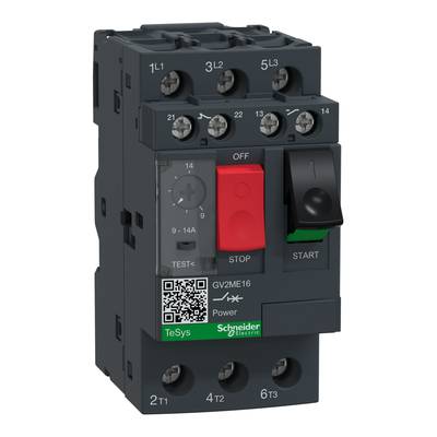 Schneider Electric TeSys Schütz, czarny, z zielonym przyciskiem START i czerwonym przyciskiem STOP, kod QR, przycisk testowy, zakres prądowy 9-14 A.