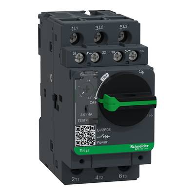 Kompaktowy wyłącznik silnikowy marki Schneider Electric z zielonym przyciskiem z przodu, model 'TeSys GV2P'.