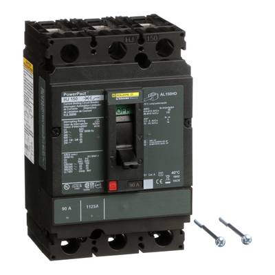 Elektryczny wyłącznik mocy z oznaczeniem 'PowerPact', prąd znamionowy 90 A, numer modelu AL150HD, w komplecie z dwoma śrubami.