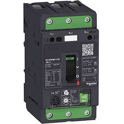 'Schneider Electric wyłącznik silnikowy, model GV4PEM115S, z przełącznikami do regulacji prądu i funkcją NFC. Obudowa w kolorze czarnym.'