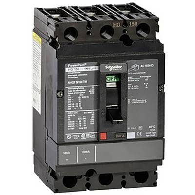 Wyłącznik mocy 'Schneider Electric PowerPact' w czarnej obudowie, z informacjami eksploatacyjnymi i specyfikacjami na przedniej stronie.