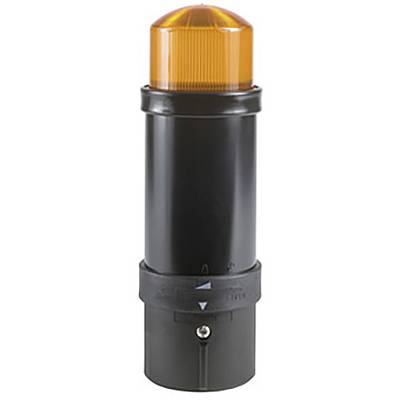 Czarny cylinder z pomarańczowym światłem ostrzegawczym na wierzchołku, często używany jako sygnalizator lub lampa budowlana.