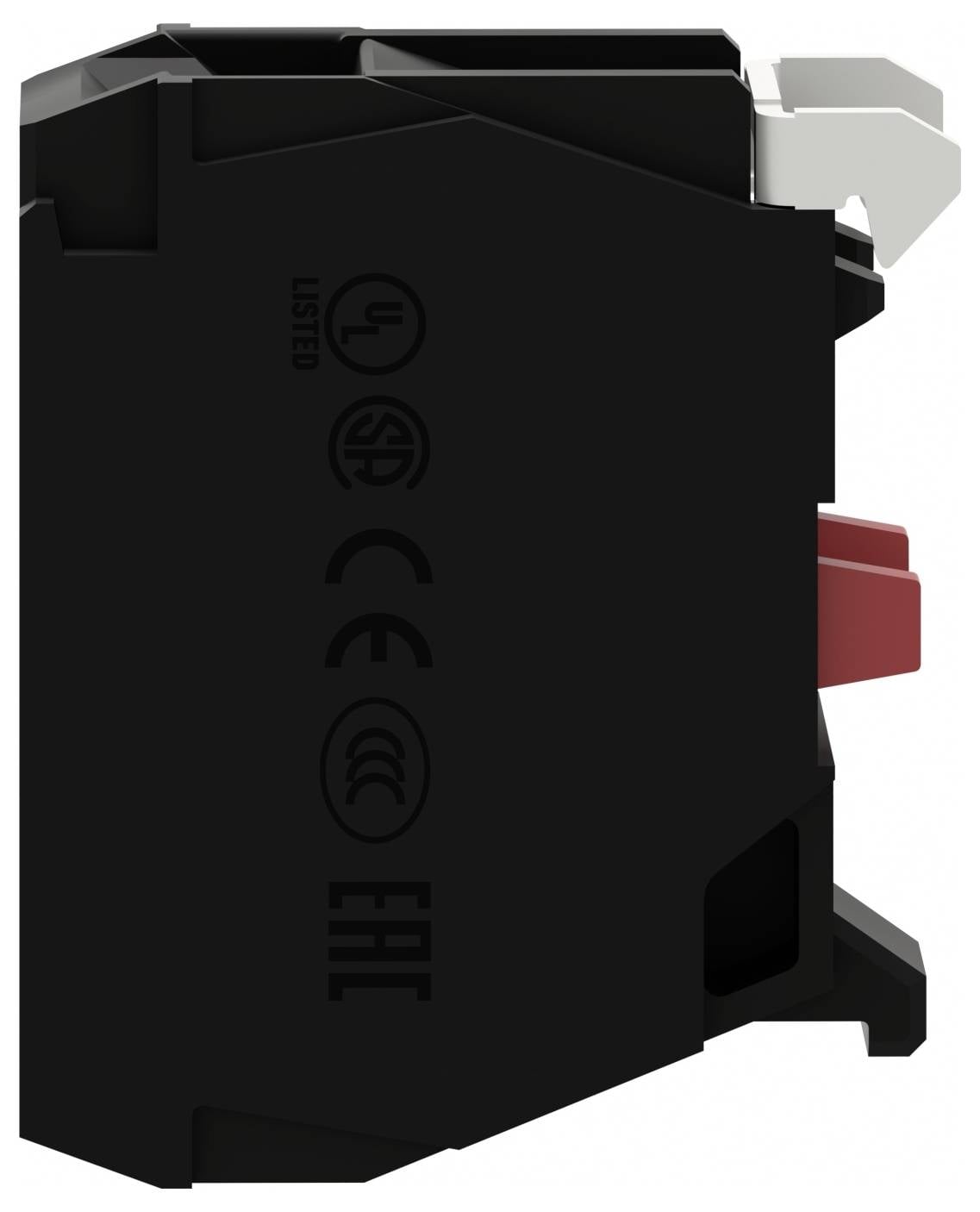 Czarny element elektryczny z etykietami i symbolami certyfikatów UL, CE i EAC. Posiada czerwony przełącznik i białą dźwignię.