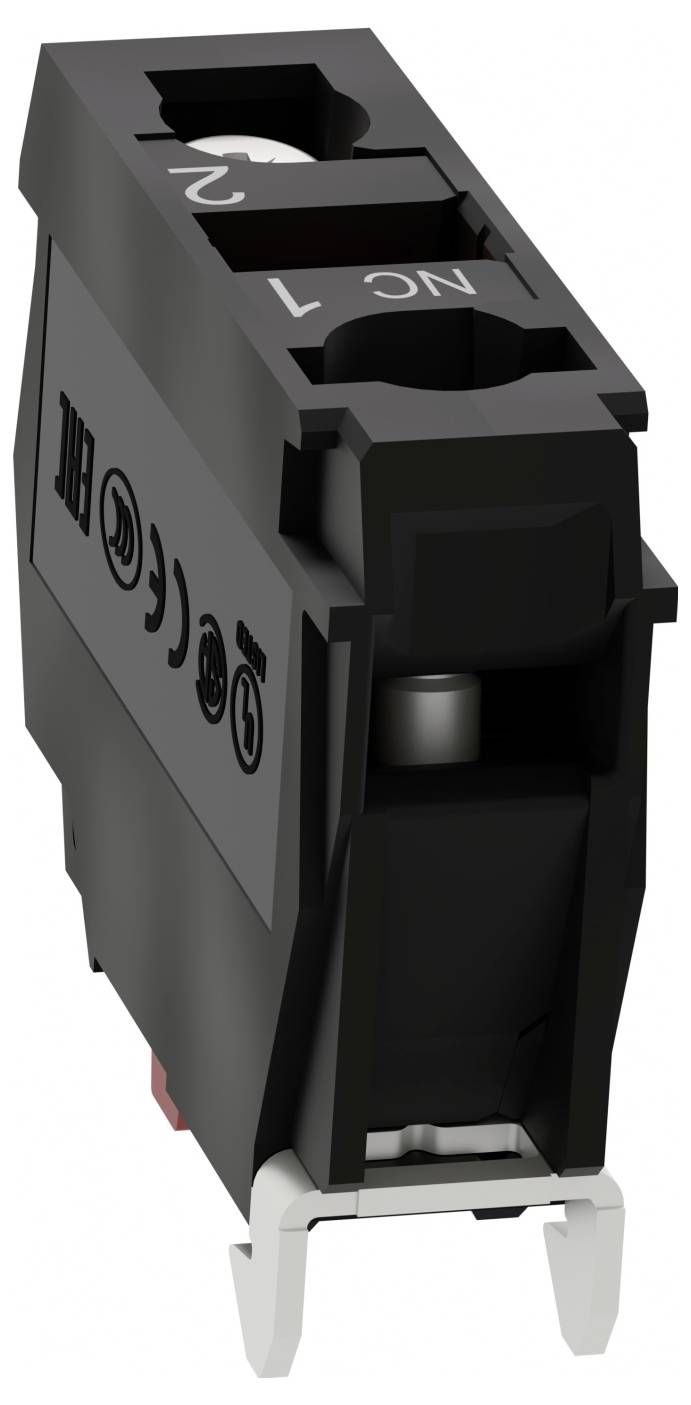 Czarny elektryczny komponent przekaźnika z oznaczeniami, w tym 'NC', przeznaczony do zadań automatyzacji połączeń elektrycznych.