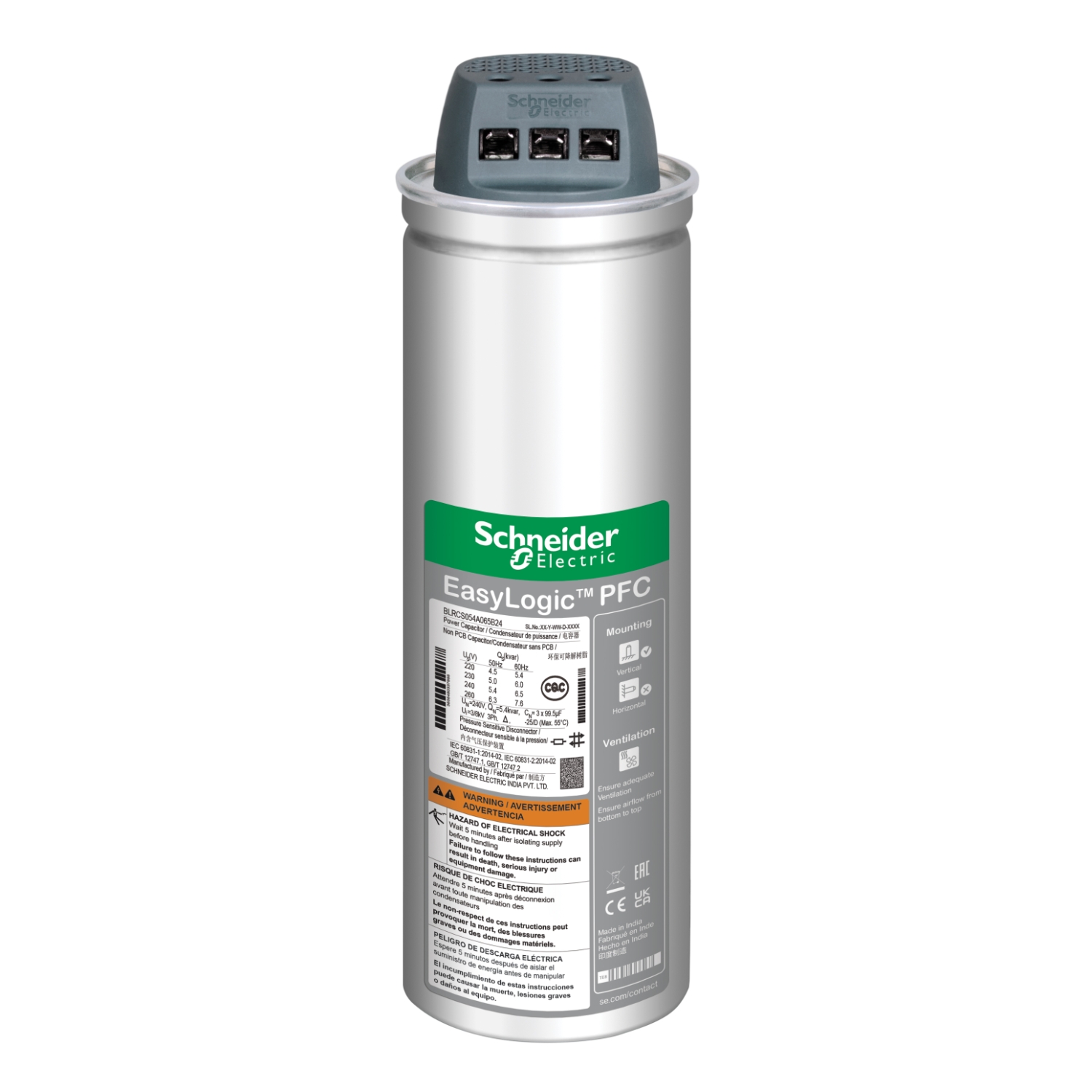 Cylindryczny element elektroniczny firmy Schneider Electric z napisem 'EasyLogic PFC', przeznaczony do korekcji współczynnika mocy.