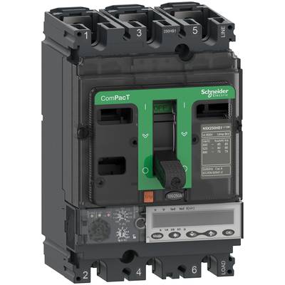 Elektryczny wyłącznik mocy w kolorach czarnym i zielonym, oznaczony napisami 'ComPacT' i 'Schneider Electric', przedstawiający pozycje przyłączy i przełącznika.