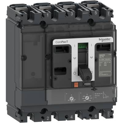 Wyłącznik automatyczny firmy Schneider Electric z zielonym przyciskiem 'WŁ.' i czerwonym przyciskiem 'WYŁ.', model ComPacT NSX100.