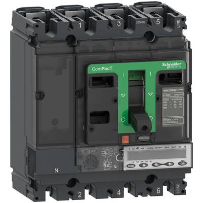 Przemysłowy wyłącznik mocy firmy Schneider Electric, model ComPacT, z zielonym przełącznikiem i czarnymi zaciskami zapewniającymi bezpieczeństwo elektryczne.