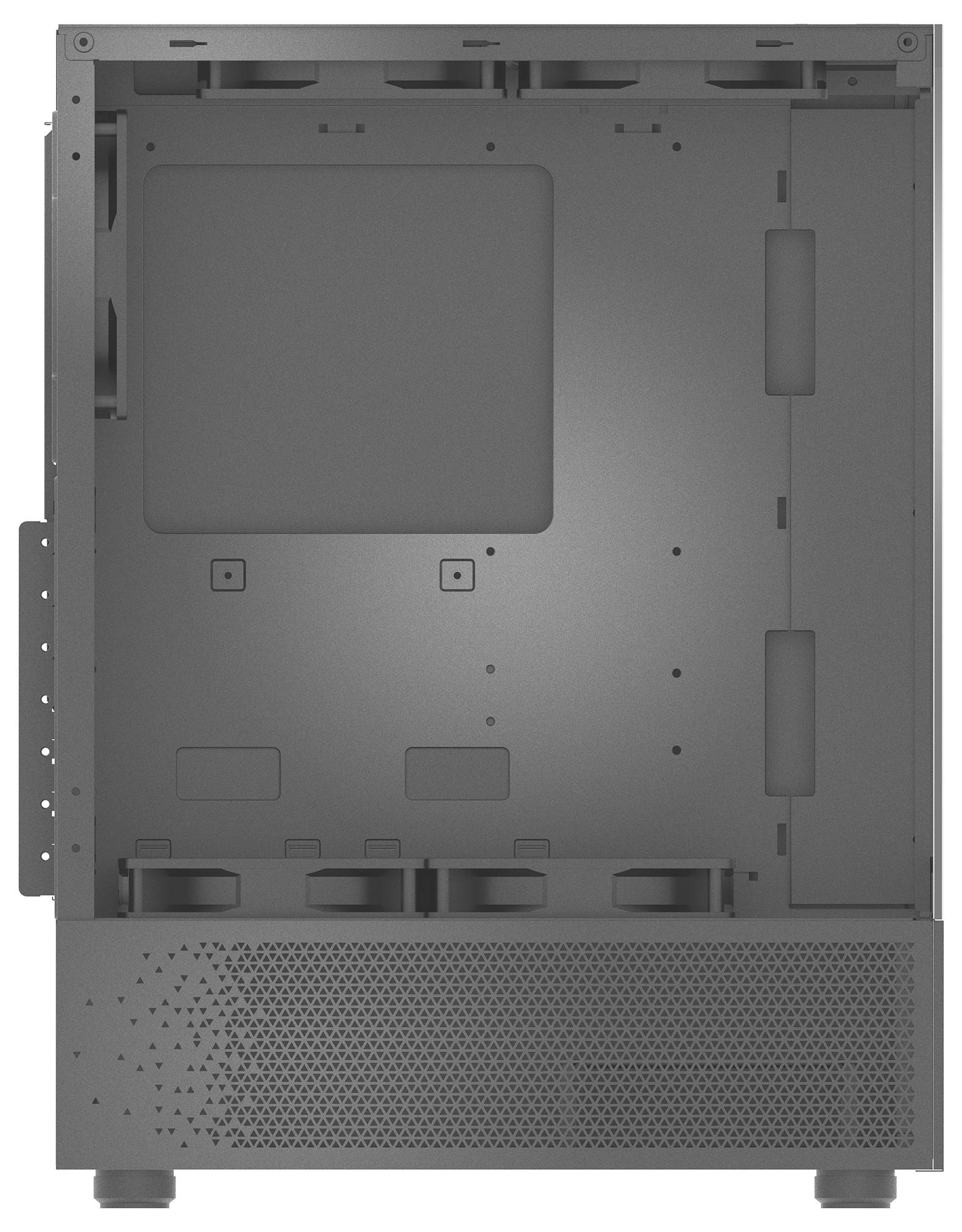 Metalowa obudowa komputerowa bez zainstalowanych podzespołów, wyposażona w otwory wentylacyjne na górnej i dolnej części, przeznaczona do montażu komponentów sprzętowych.