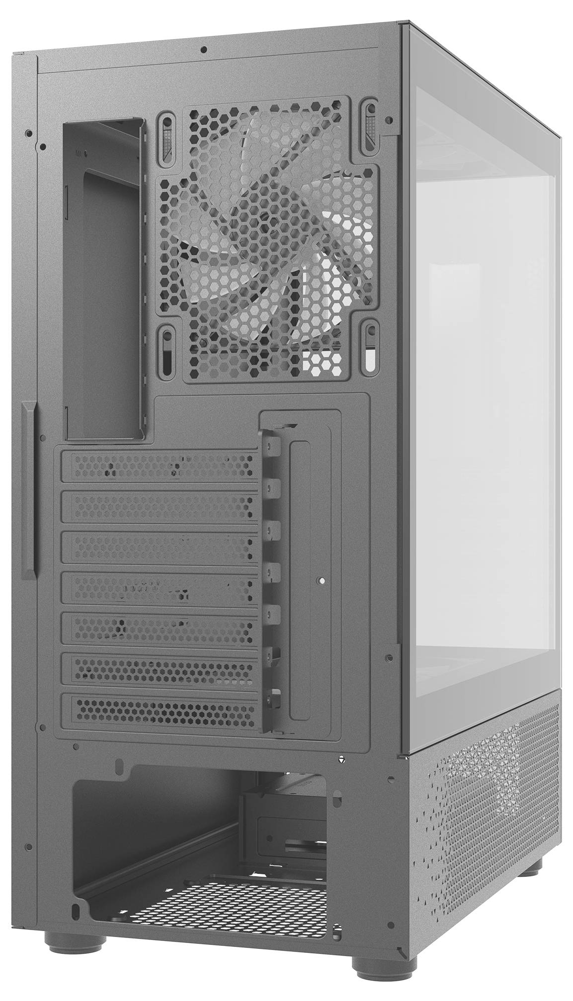 Obudowa komputerowej jednostki centralnej z widocznymi otworami wentylacyjnymi i dużym wentylatorem z tyłu.