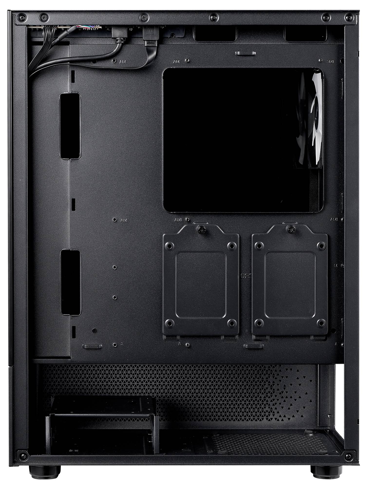 Czarna obudowa komputera, z tyłu otwarta, z widocznymi przegrodami na płytę główną, dyski twarde i zarządzanie kablami.