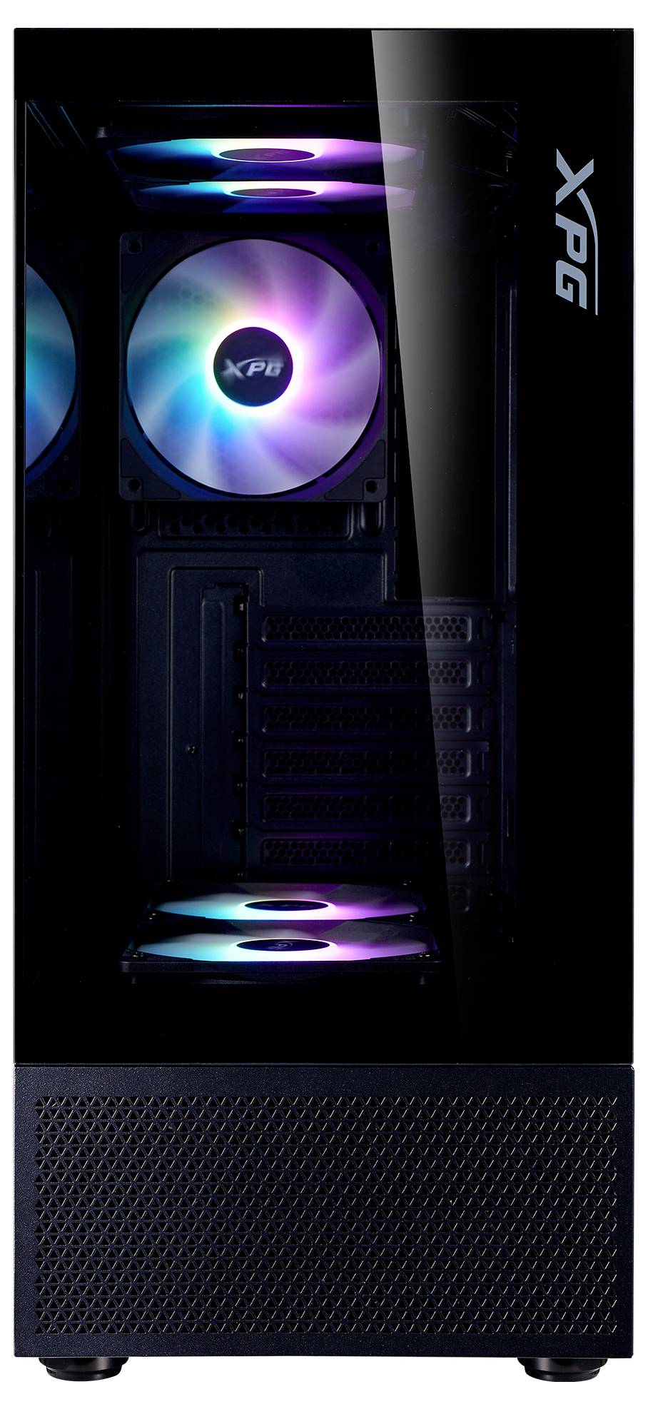 Obudowa komputera z przezroczystą przednią ścianką prezentuje dwa podświetlane wentylatory świecące w różnych kolorach.