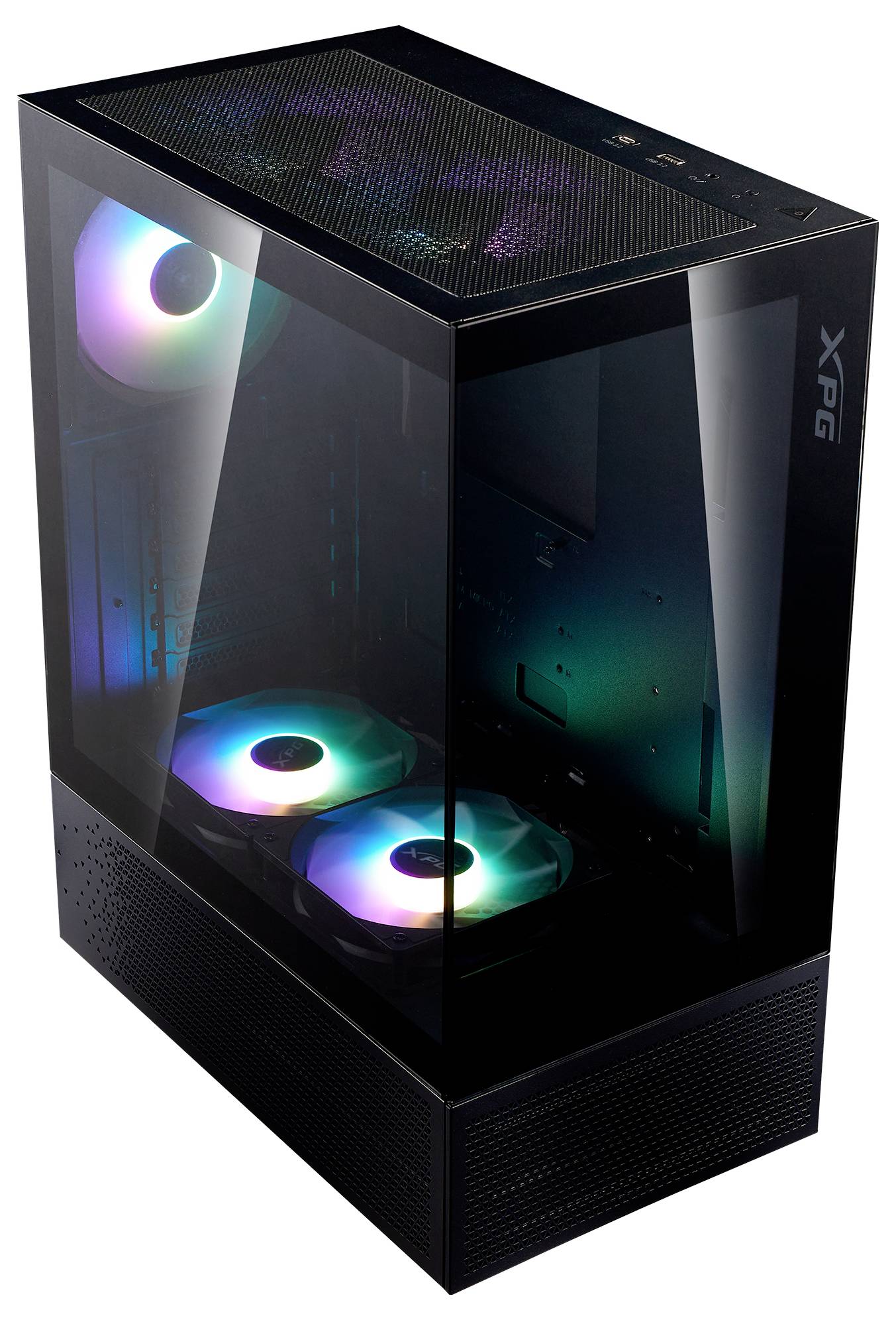 Czarna obudowa komputera z przezroczystymi bokami ukazuje wewnątrz dwa podświetlone wentylatory z diodami RGB.