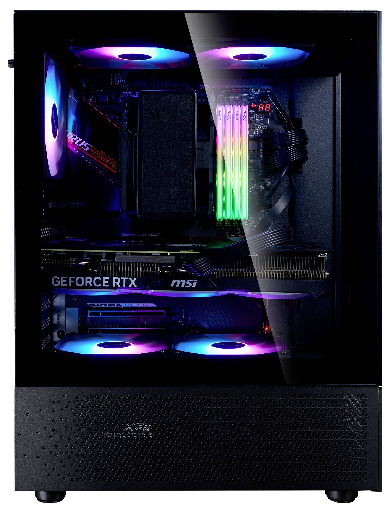 Komputer do gier z przezroczystą obudową przedstawia komponenty podświetlone diodami LED, w tym kartę graficzną i pamięć RAM w kolorach tęczy.