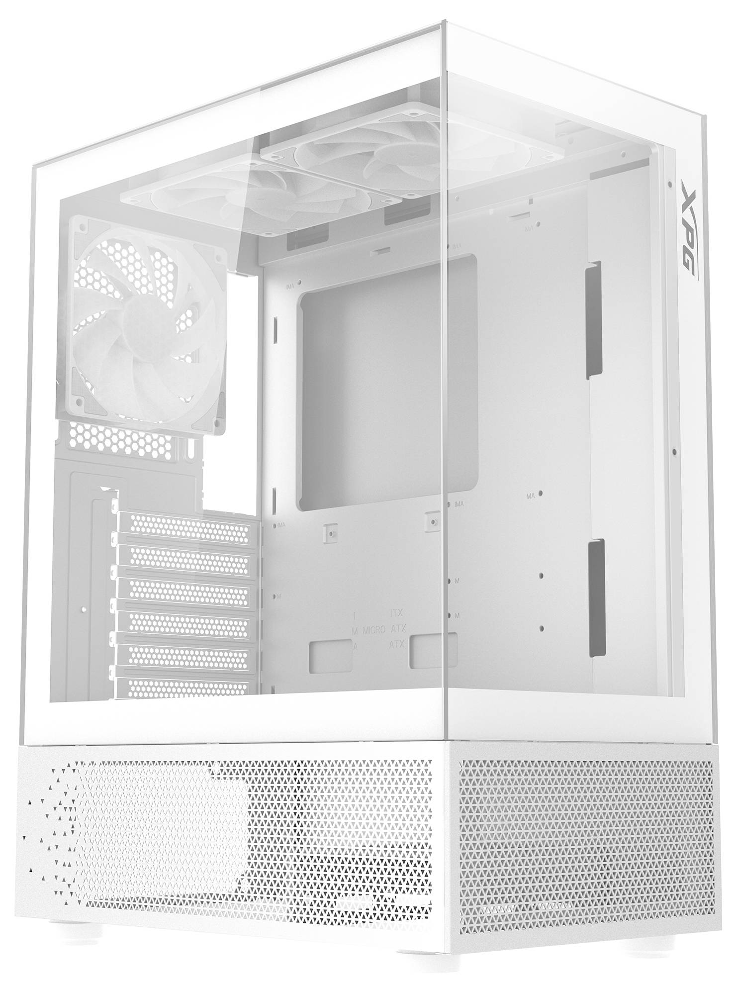 Obudowa płyty głównej w białym kolorze, pusta, z transparentnymi ściankami bocznymi. Tylny wentylator widoczny. Odpowiednia do projektów budowy komputera.