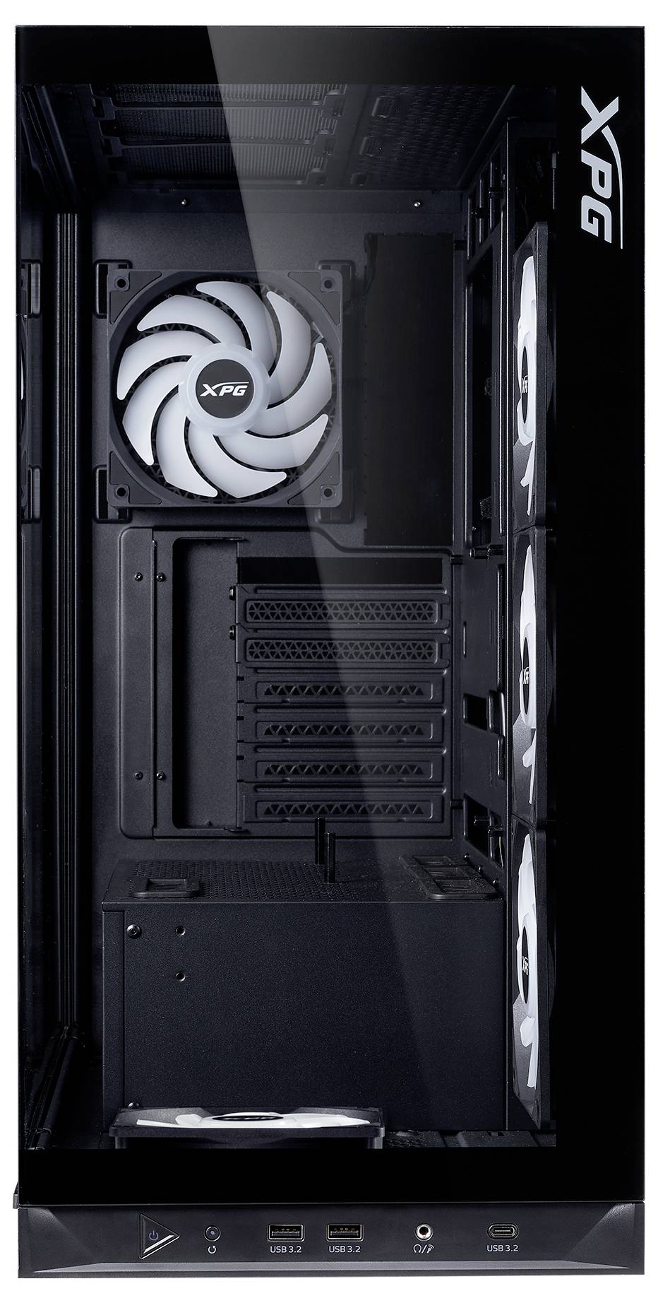 Czarne obudowa komputerowa z przezroczystą boczną ścianką prezentuje kilka wentylatorów. Na dole znajdują się złącza USB oraz przycisk zasilania.