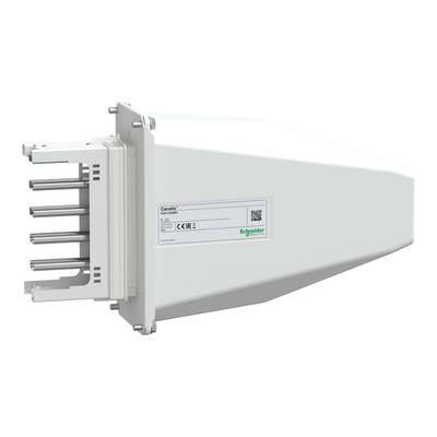 Obraz przedstawia elektryczną obudowę aparatu rozdzielczego z wieloma złączami. Jest ona biała i posiada etykietę marki Schneider.