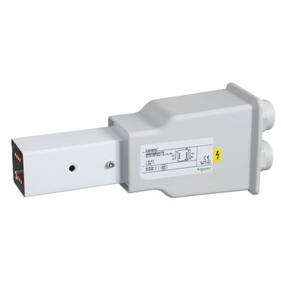 Białe elektryczne akcesorium szafki sterowniczej z oznakowaniem. Posiada kilka złączy elektrycznych oraz żółtą błyskawicę oznaczającą obecność prądu.