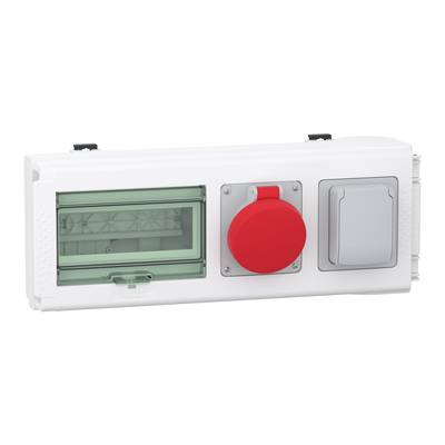 Biała elektryczna tablica rozdzielcza z dużym czerwonym przełącznikiem pośrodku, małym szarym przełącznikiem po prawej stronie i zielonym obszarem osłonowym po lewej.