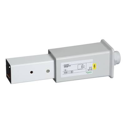 Urządzenie elektryczne, prostokątny kształt, białe oznaczenie 'Schneider Electric, Canalis, KBA'. Obudowa metalowa, design przemysłowy.