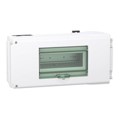 Elektryczny rozdzielacz z przezroczystą, zieloną pokrywą uchylną. Prostokątna, biała obudowa.