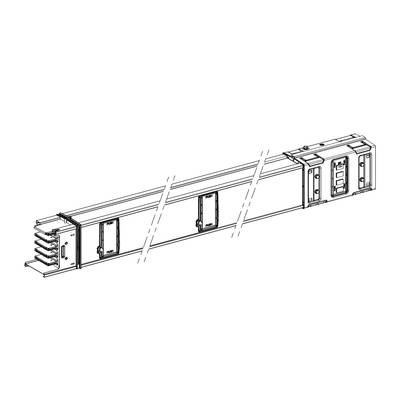 Rysunek izometryczny modularnego systemu szyn prądowych z przewodami zewnętrznymi i zintegrowanymi elementami mocującymi.