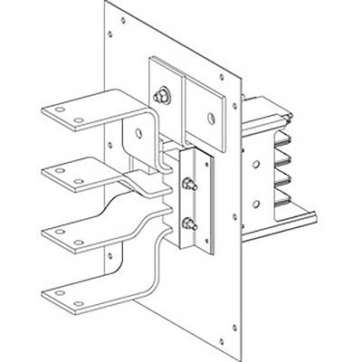 Diagram przedstawia rysunek techniczny wspornika mechanicznego ze stosem trzech blach metalowych zamocowanych na ścianie.