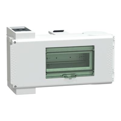 Biały elektryczny rozdzielacz z przezroczystym zielonym okienkiem i gniazdem z boku, przeznaczony do dystrybucji energii elektrycznej.