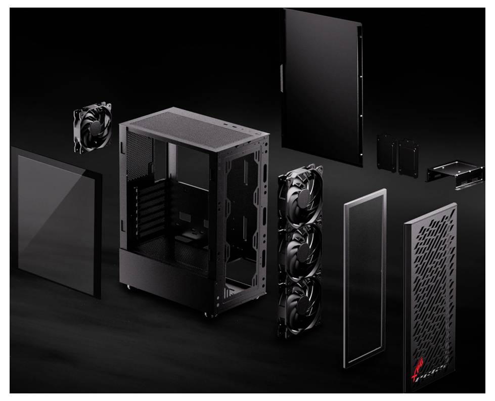 Obraz przedstawia obudowę komputera z rozmontowanymi elementami, w tym ściankami bocznymi, wentylatorami oraz zdejmowanymi ściankami przednią i tylną.