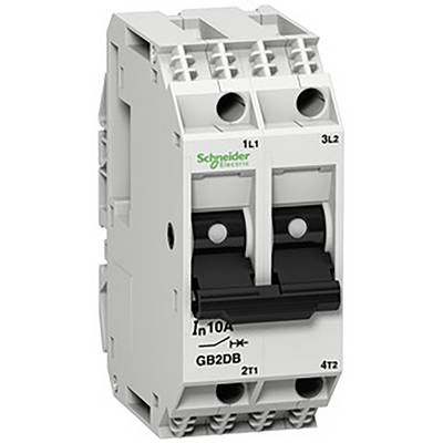 Dwubiegunowy wyłącznik nadprądowy firmy Schneider Electric z oznaczeniem 'In 10A GB2DB', przeznaczony do elektrycznego zabezpieczenia przeciwprzeciążeniowego.