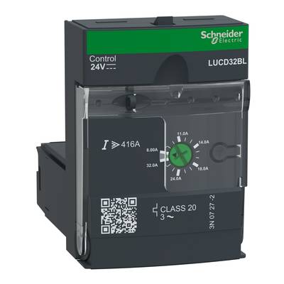 Schneider Electric Sterownik 24V 416A; czarna, prostokątna część elektryczna z regulatorem i kodem QR, numer modelu LUCD32BL.